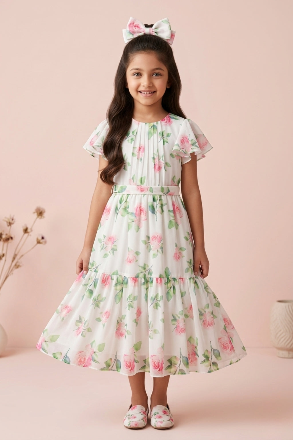 Flare Sleeves Blush Bloom Floral Tiered Dress M2076