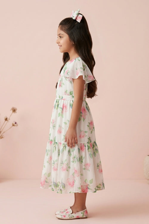 Flare Sleeves Blush Bloom Floral Tiered Dress M2076