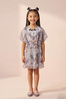 Peach & Lavender Printed Flutter Sleeve Dress M2090