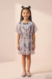 Peach & Lavender Printed Flutter Sleeve Dress M2090