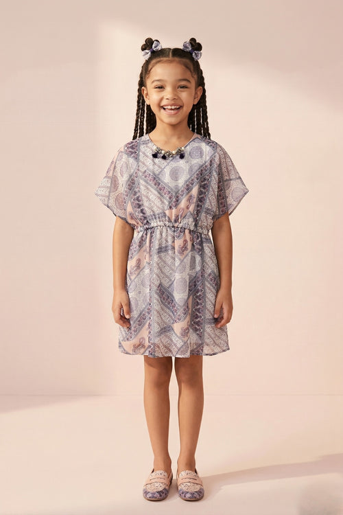Peach & Lavender Printed Flutter Sleeve Dress M2090