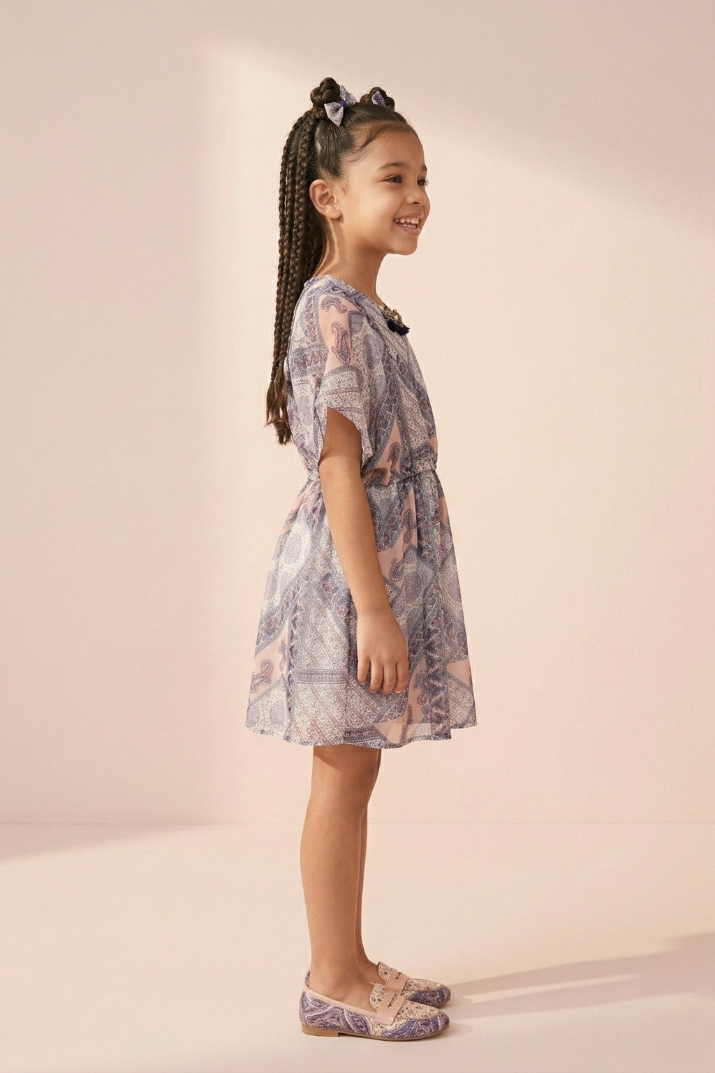 Peach & Lavender Printed Flutter Sleeve Dress M2090