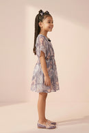 Peach & Lavender Printed Flutter Sleeve Dress M2090