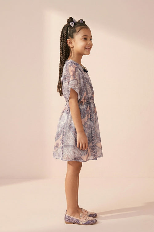 Peach & Lavender Printed Flutter Sleeve Dress M2090