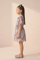 Peach & Lavender Printed Flutter Sleeve Dress M2090