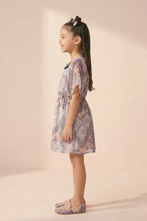 Peach & Lavender Printed Flutter Sleeve Dress M2090