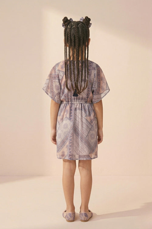 Peach & Lavender Printed Flutter Sleeve Dress M2090