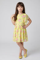 Yellow Floral Print Cape Sleeve Dress M2094