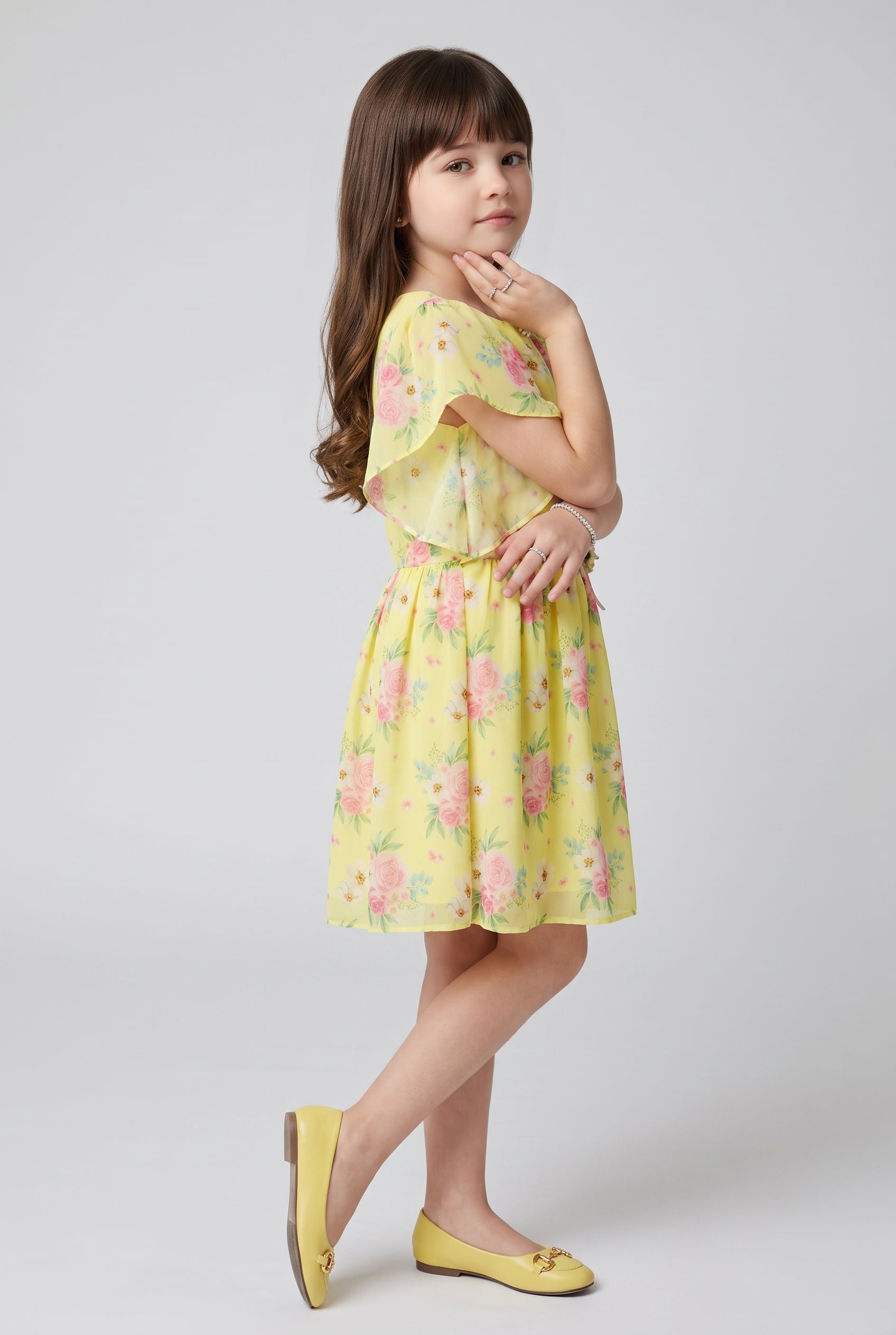 Yellow Floral Print Cape Sleeve Dress M2094