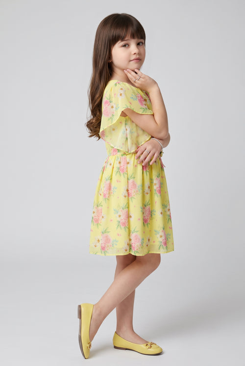 Yellow Floral Print Cape Sleeve Dress M2094
