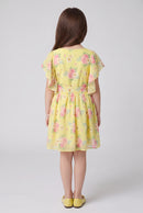 Yellow Floral Print Cape Sleeve Dress M2094