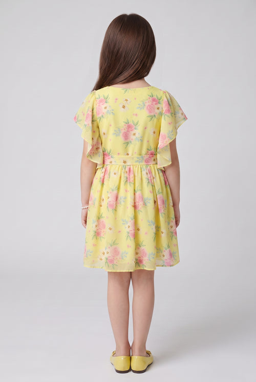 Yellow Floral Print Cape Sleeve Dress M2094