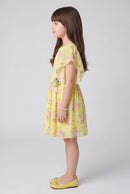 Yellow Floral Print Cape Sleeve Dress M2094