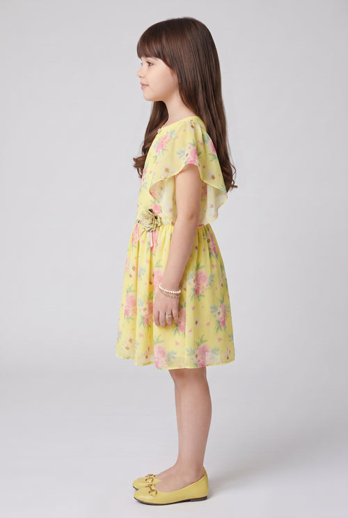 Yellow Floral Print Cape Sleeve Dress M2094