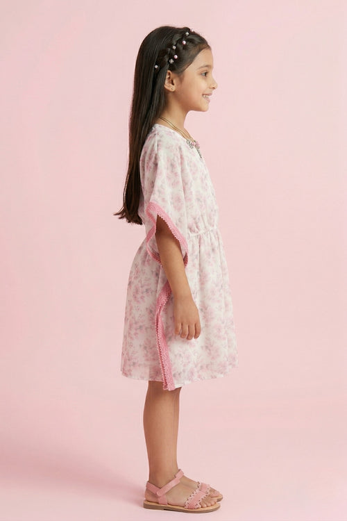Pink Garden Kaftan Dress with Crochet Trim M2095