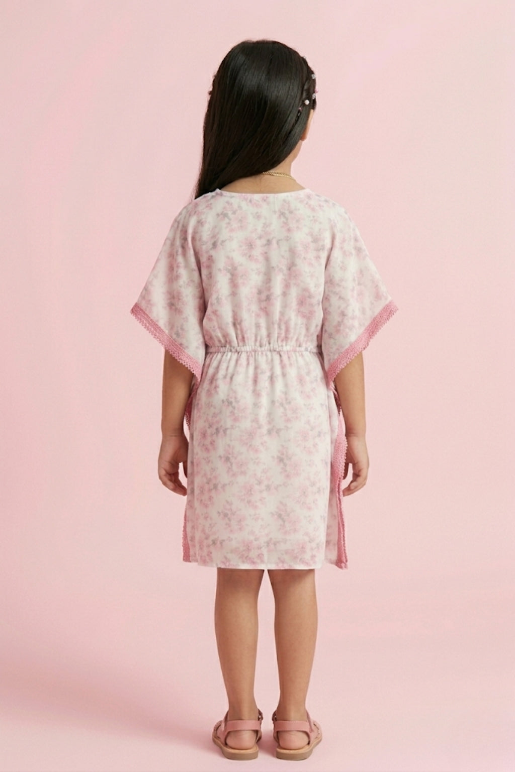 Pink Garden Kaftan Dress with Crochet Trim M2095
