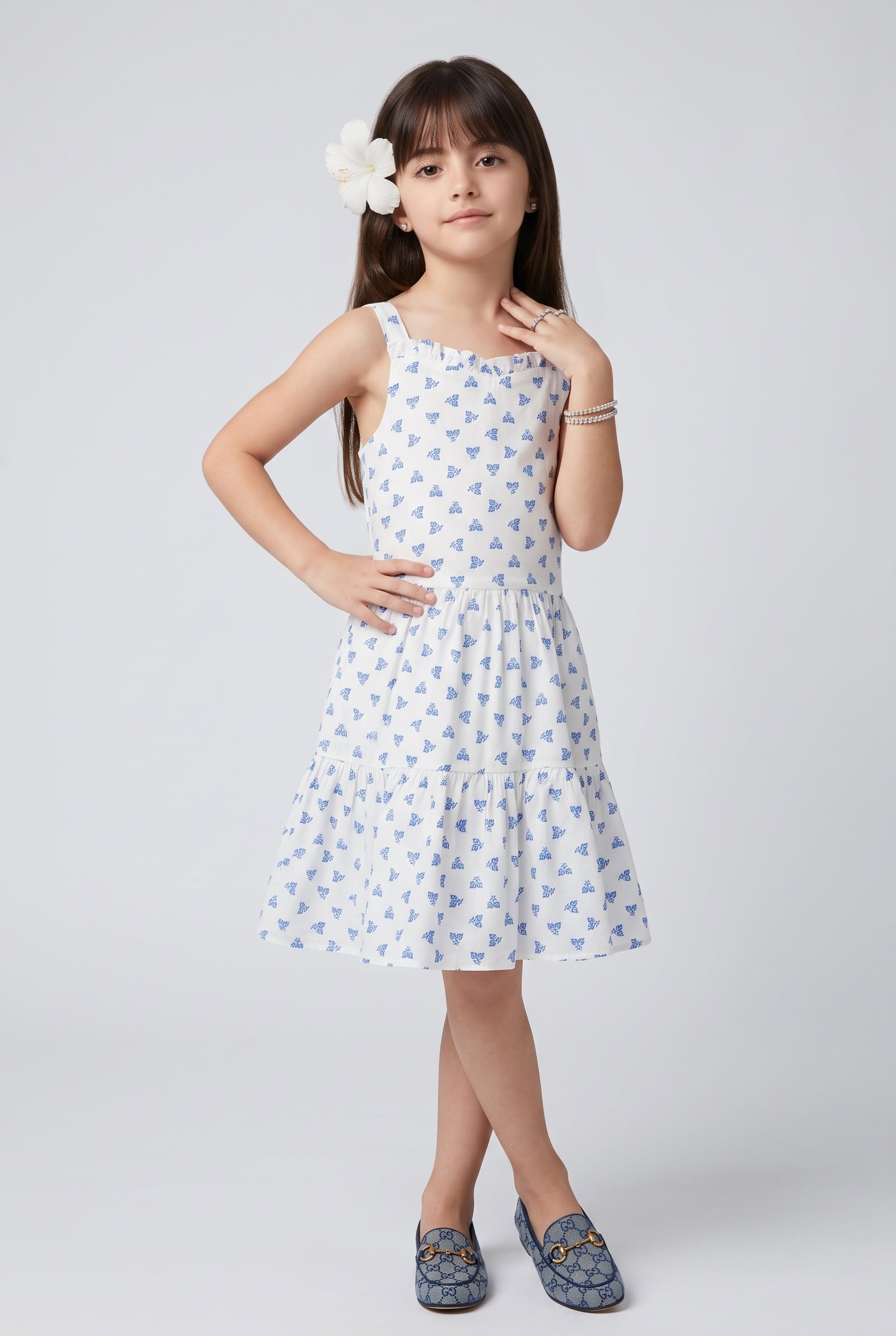 White & Blue Printed Tiered Sleeveless Dress M2098