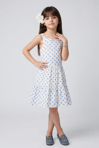 White & Blue Printed Tiered Sleeveless Dress M2098