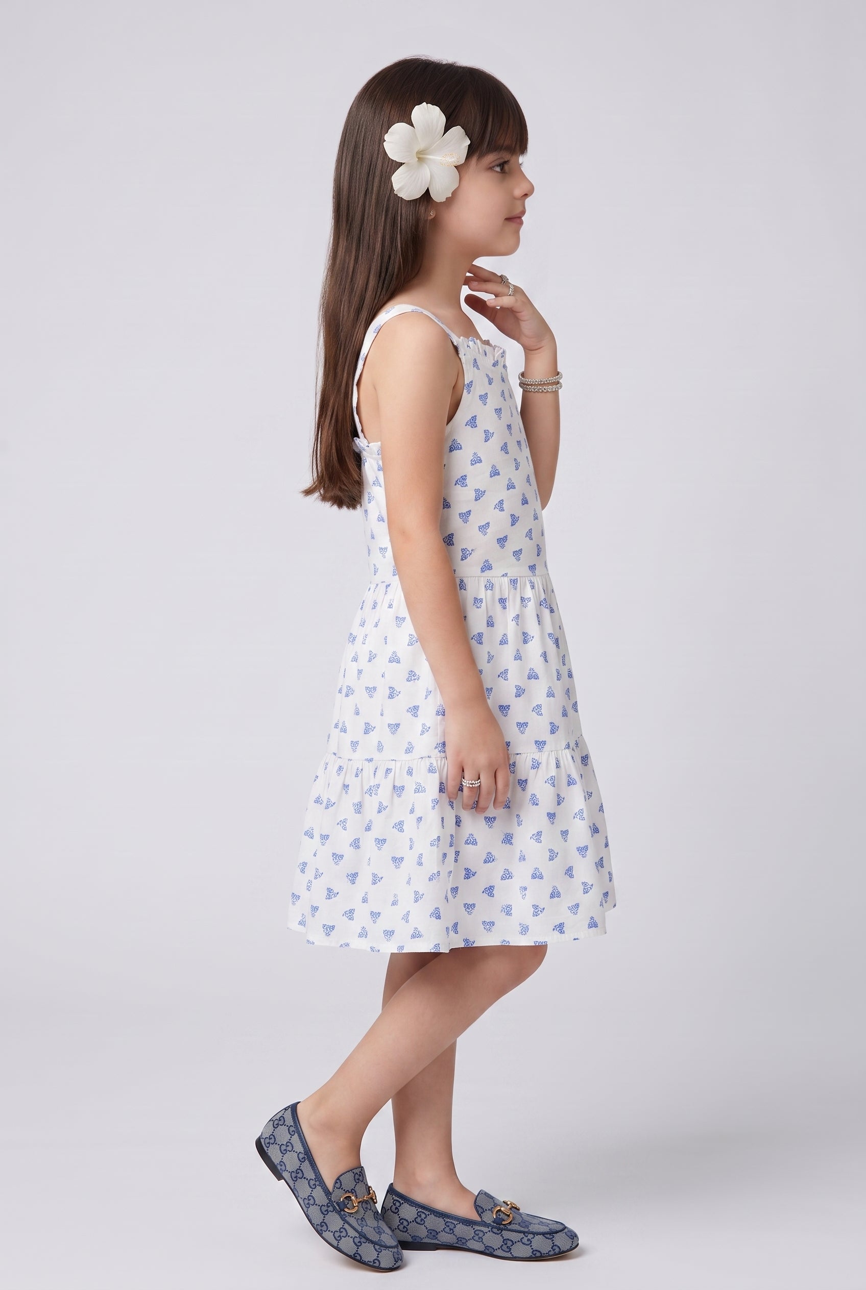 White & Blue Printed Tiered Sleeveless Dress M2098