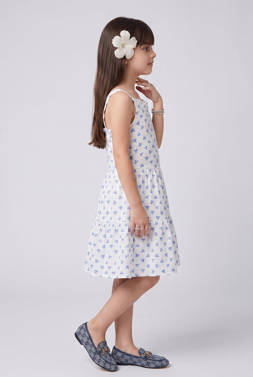 White & Blue Printed Tiered Sleeveless Dress M2098