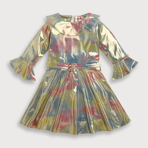 Metallic Rainbow Flare Dress with Statement Collar Belt M2147