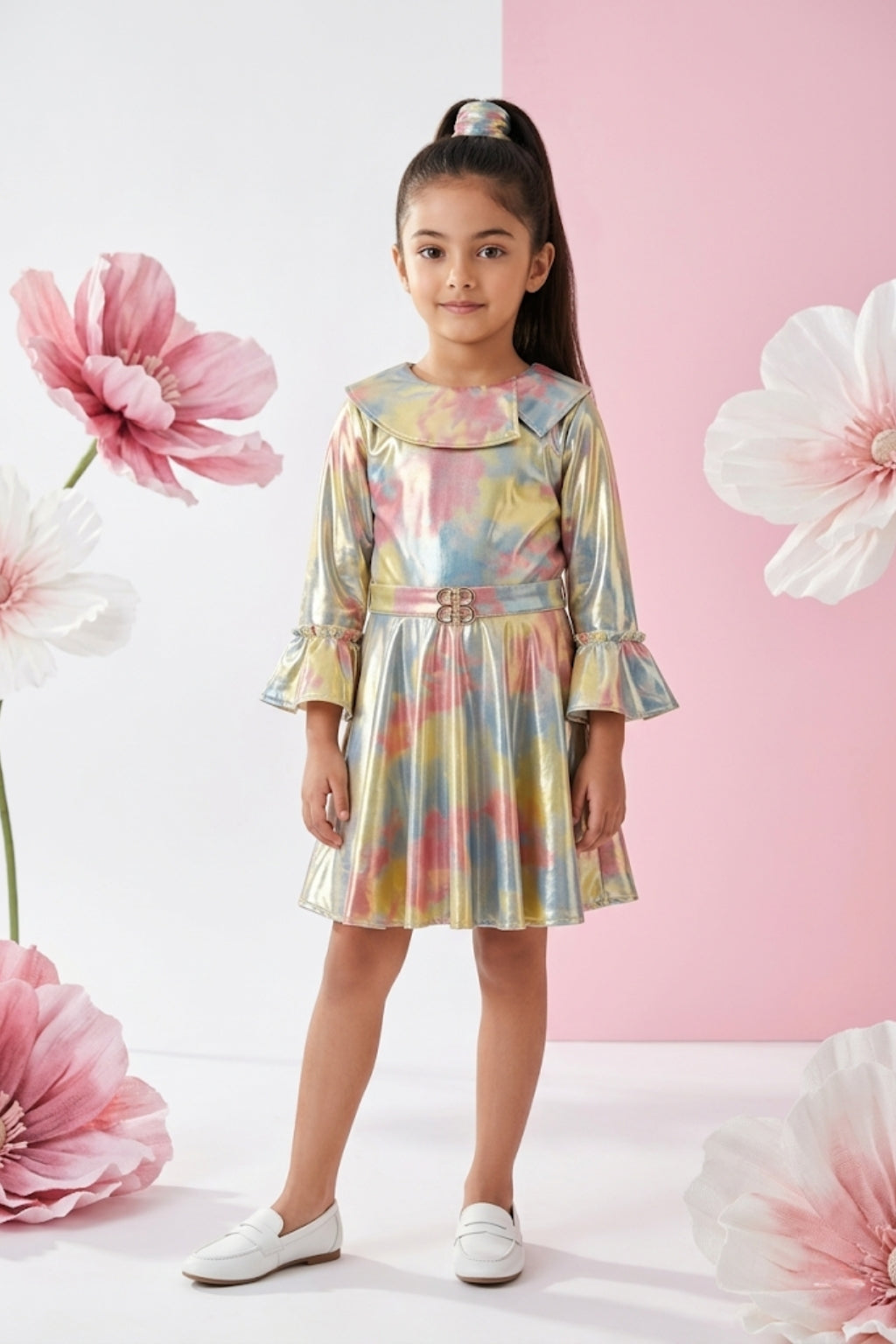 Metallic Rainbow Flare Dress with Statement Collar Belt M2147