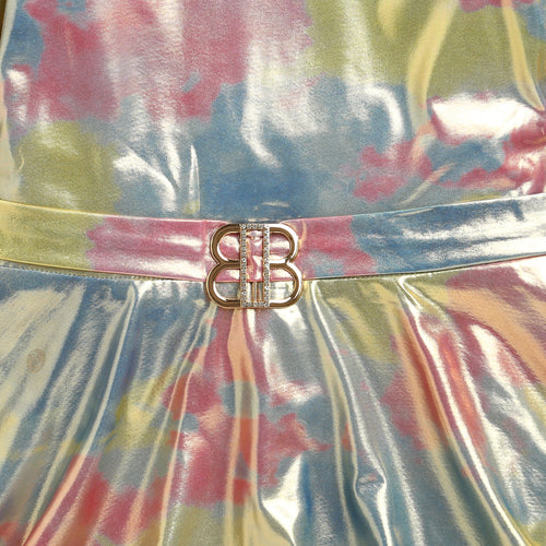 Metallic Rainbow Flare Dress with Statement Collar Belt M2147