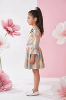 Metallic Rainbow Flare Dress with Statement Collar Belt M2147