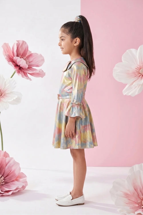 Metallic Rainbow Flare Dress with Statement Collar Belt M2147
