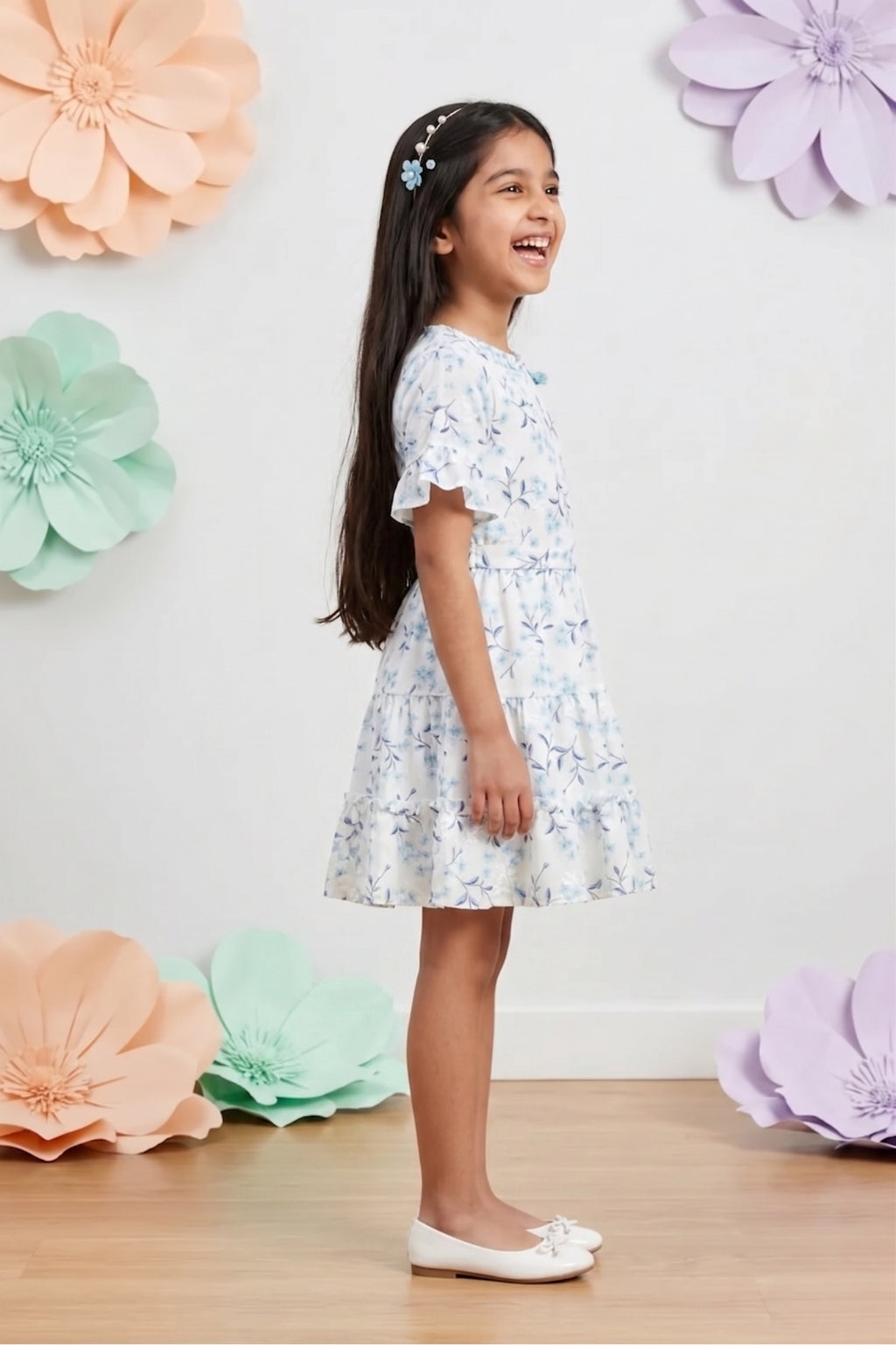 Blue Half Sleeves Floral Tiered Dress M2210