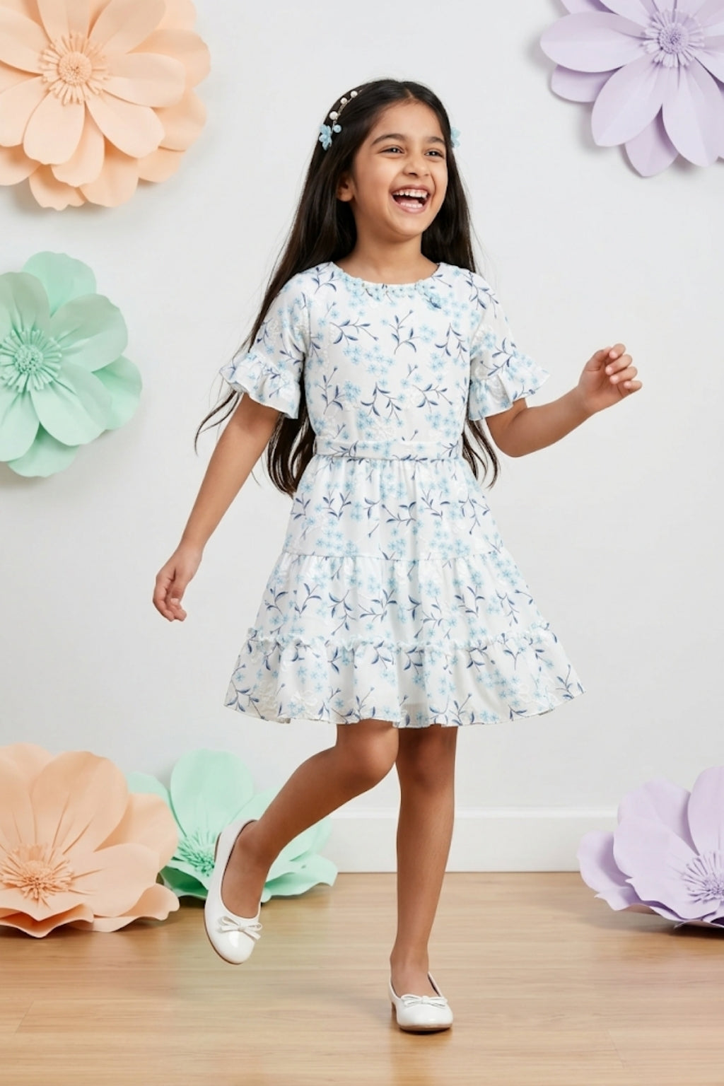 Blue Half Sleeves Floral Tiered Dress M2210