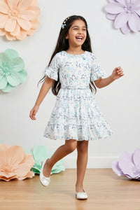 Blue Half Sleeves Floral Tiered Dress M2210