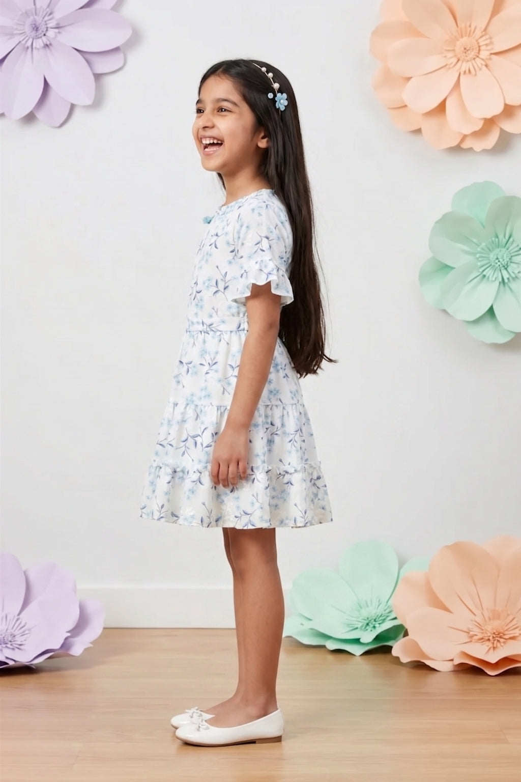 Blue Half Sleeves Floral Tiered Dress M2210