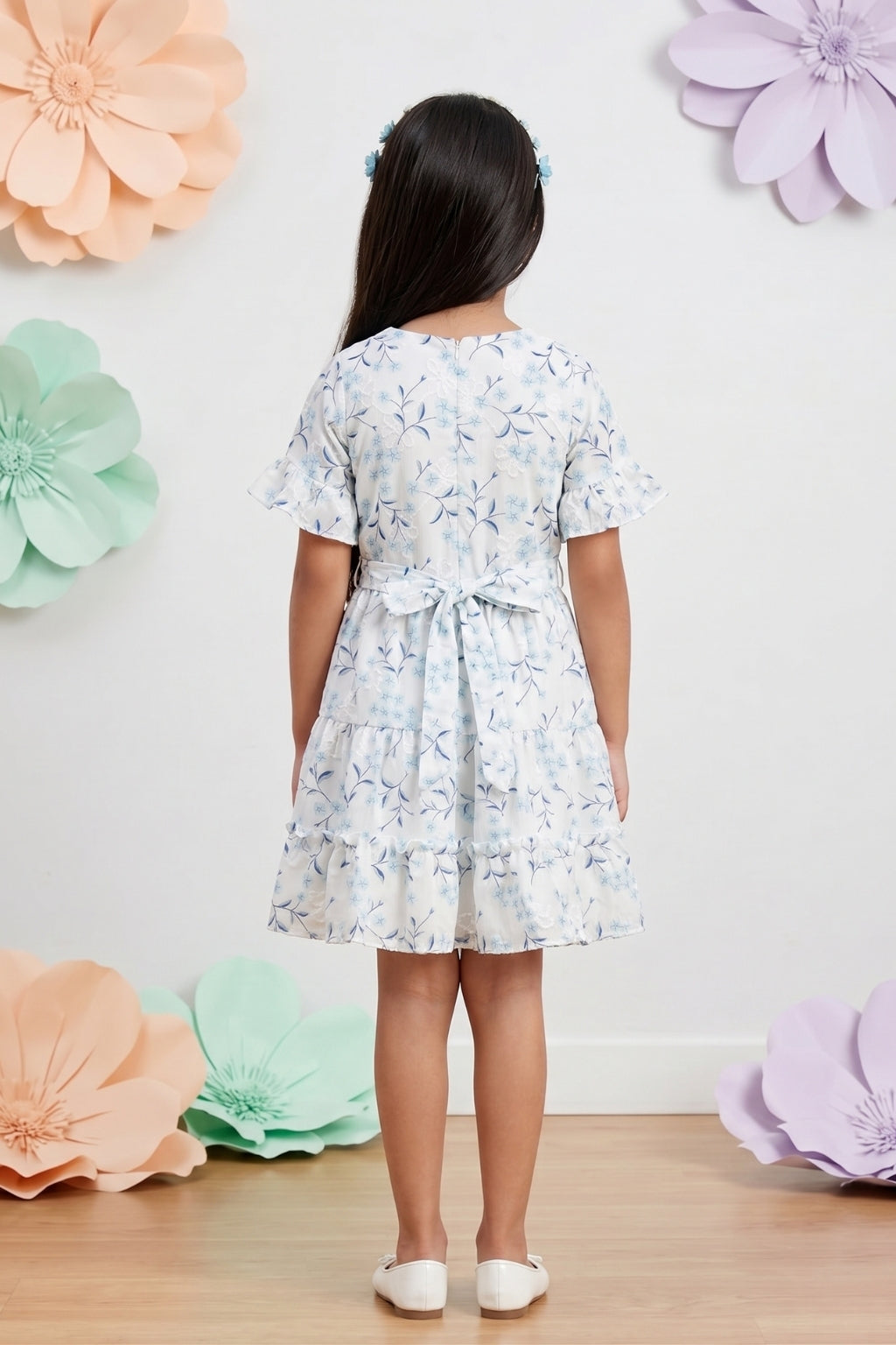 Blue Half Sleeves Floral Tiered Dress M2210