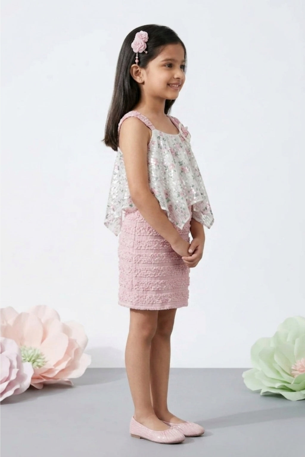 Pink & White Floral Layered Party Dress M2219