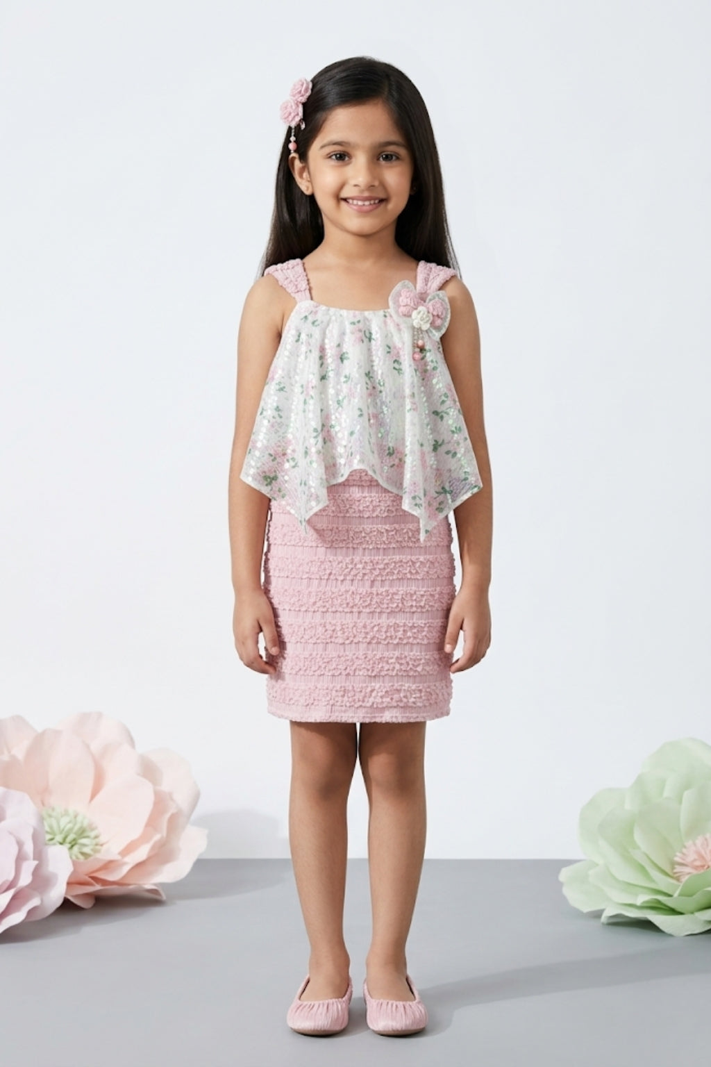 Pink & White Floral Layered Party Dress M2219