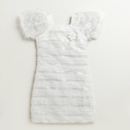 Ivory Sequin Textured Dress with Feather Sleeves M2242