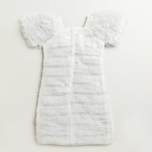 Ivory Sequin Textured Dress with Feather Sleeves M2242