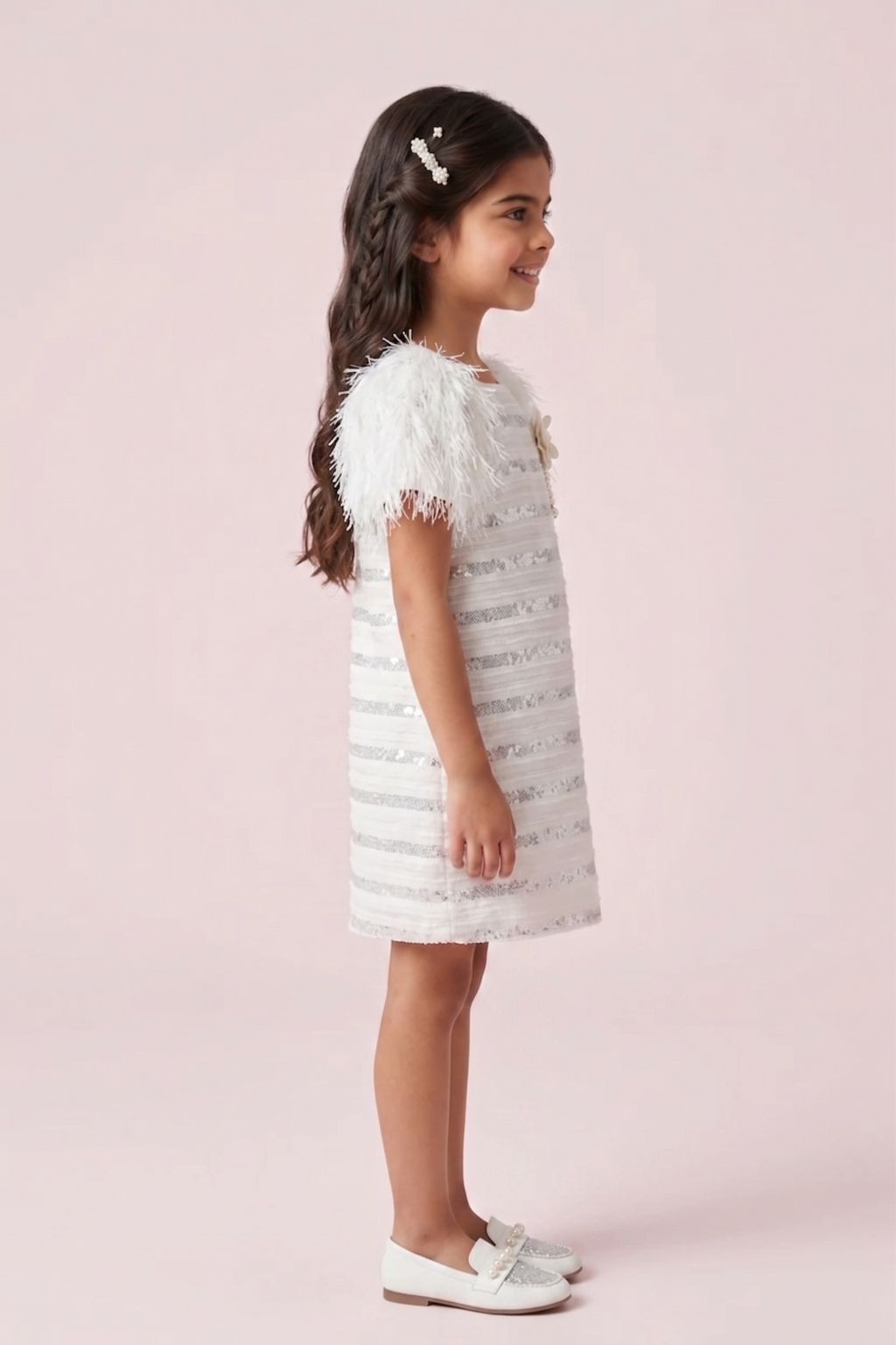 Ivory Sequin Textured Dress with Feather Sleeves M2242