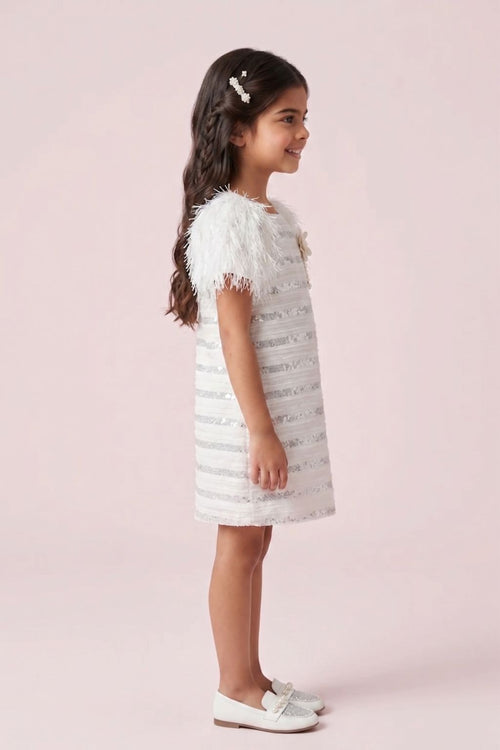 Ivory Sequin Textured Dress with Feather Sleeves M2242