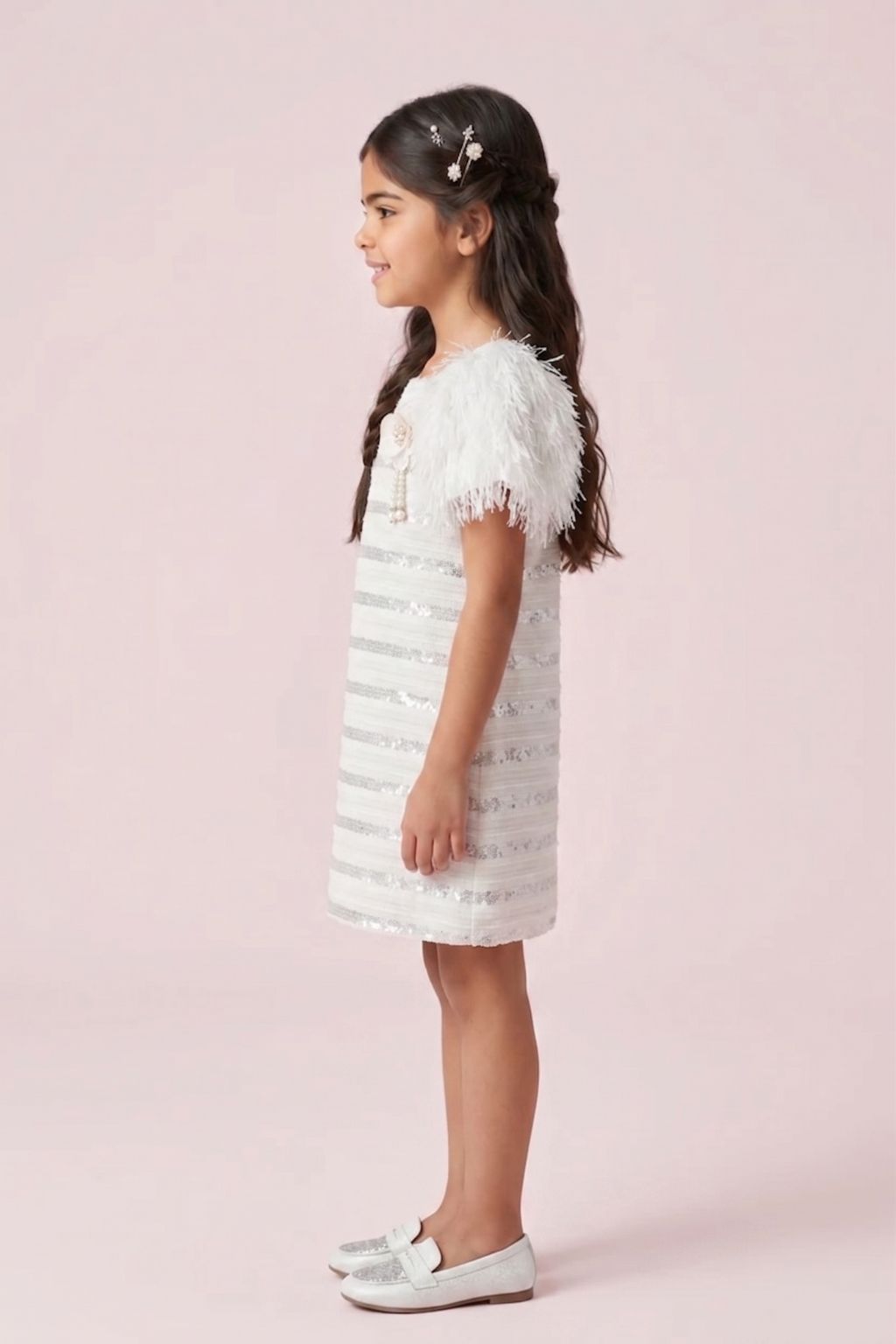 Ivory Sequin Textured Dress with Feather Sleeves M2242