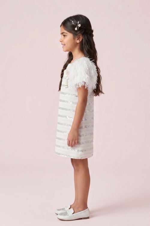 Ivory Sequin Textured Dress with Feather Sleeves M2242