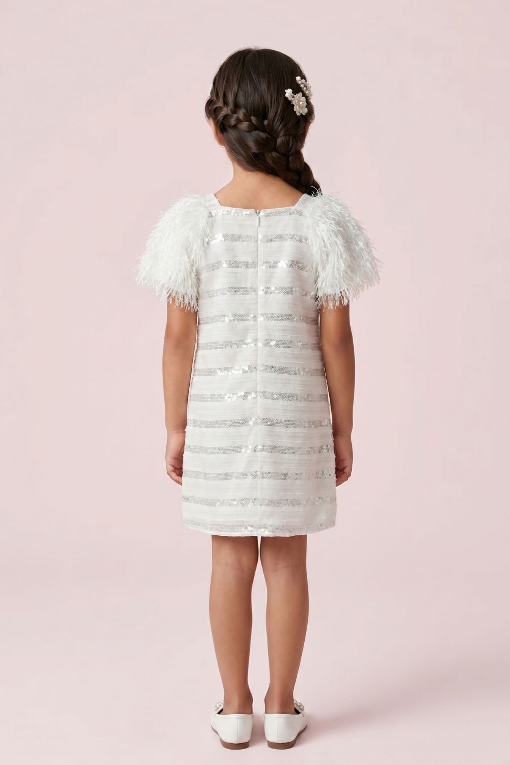 Ivory Sequin Textured Dress with Feather Sleeves M2242