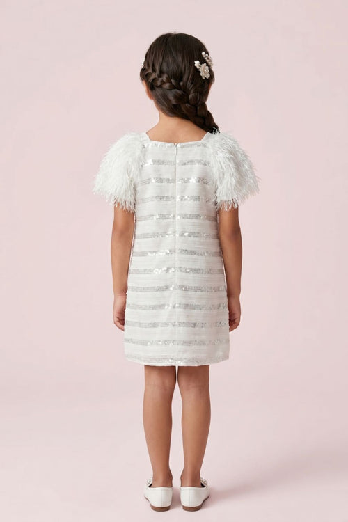 Ivory Sequin Textured Dress with Feather Sleeves M2242