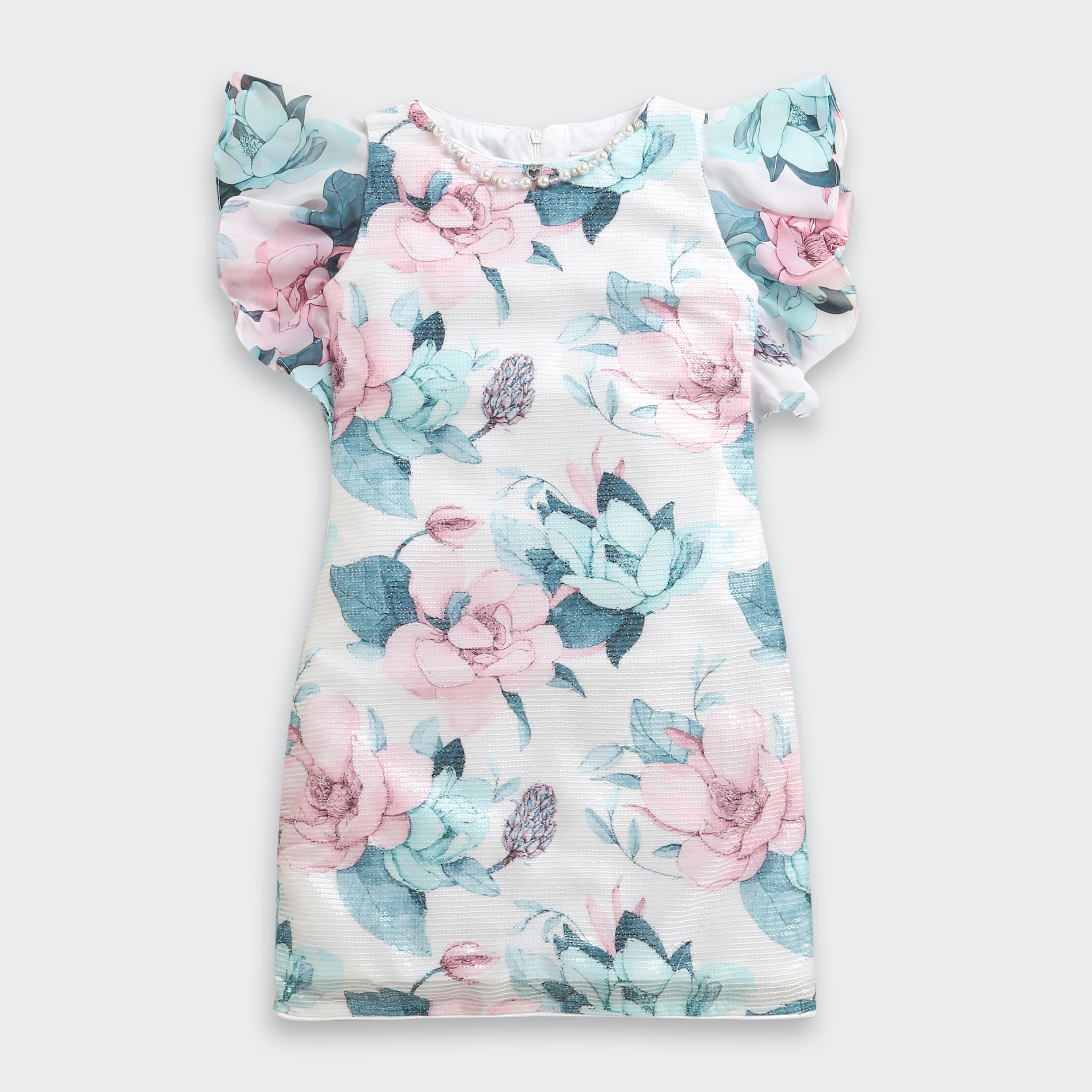 Floral Puff Sleeve Dress – Teal Blue & Pink Print