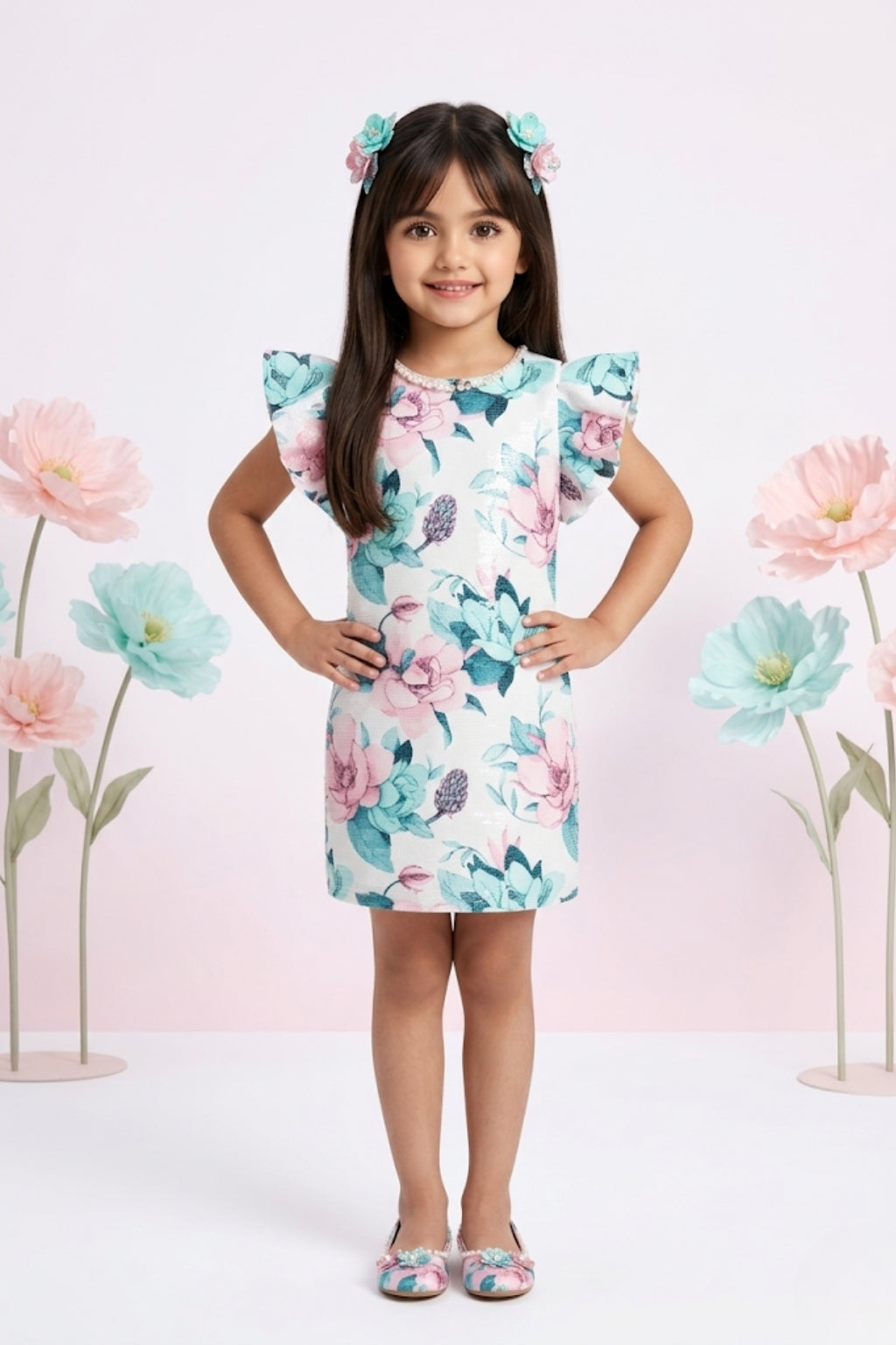Teal Blue & Pink Print Floral Puff Sleeve Dress M2243