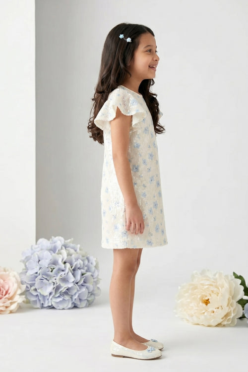 Girls Blue Sequin Party Dress with Flutter Sleeves M2245