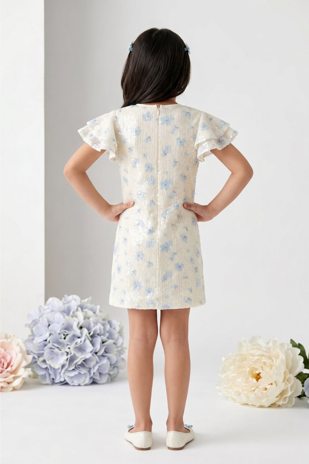 Girls Blue Sequin Party Dress with Flutter Sleeves M2245