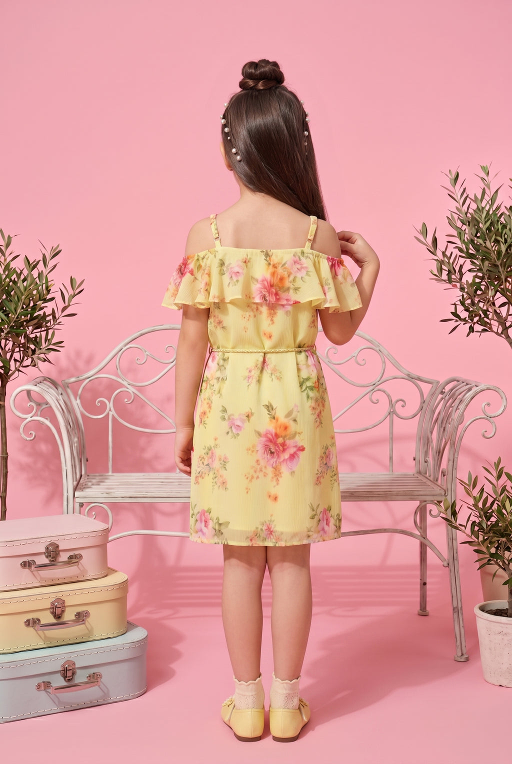 Lemon Yellow Floral Print Flutter Sleeve Dress M2248