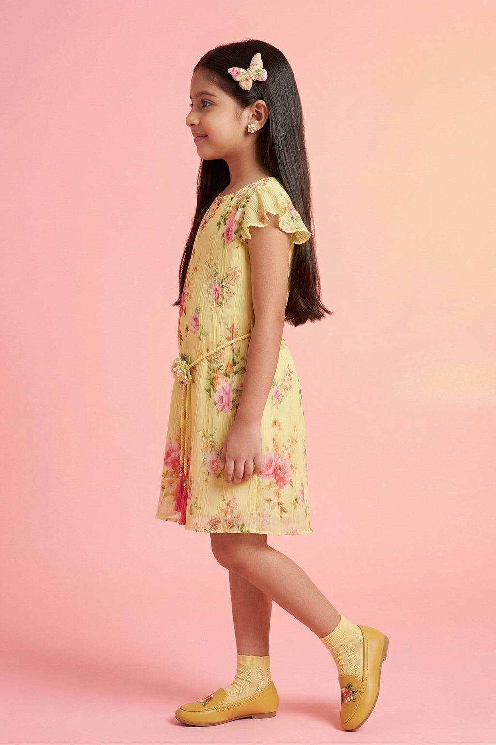 Lemon Yellow Floral Print Flutter Sleeve Dress M2248
